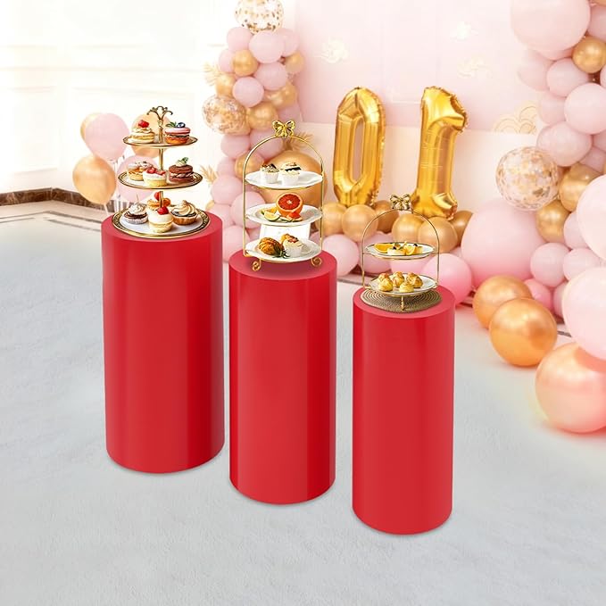 Eapmic Pedestal Stands for Party, Cake Pedestal Stand, Dessert Table Display Plinth Pillars, Sculpture Display Column Decoration Cube for Wedding Birthday (Red, Cylinder-3Pcs(27.56"+26"+23.62"))