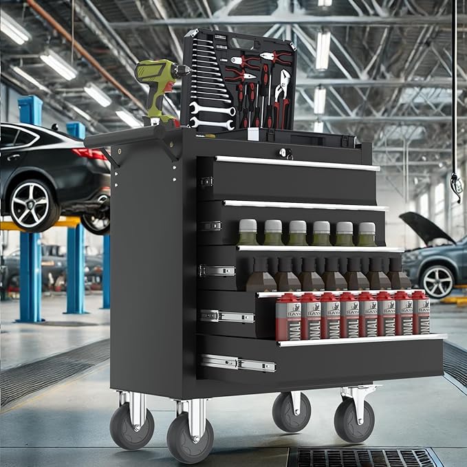 5-Drawers Garage Tool Chest, Large Capacity Tool Cabinet Heavy Duty Mechanic Rolling Tool Box Metal Locking Tool Cart with Drawers and Wheels for Storage