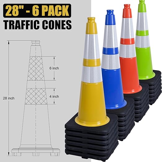 6 Pack 28" Large PVC Traffic Cones with Heavy-Duty Black Base, Garage Parking Lot Cones Structurally Stable Weatherproof Road Construction Safety Cones (6, Yellow, 28" Large)