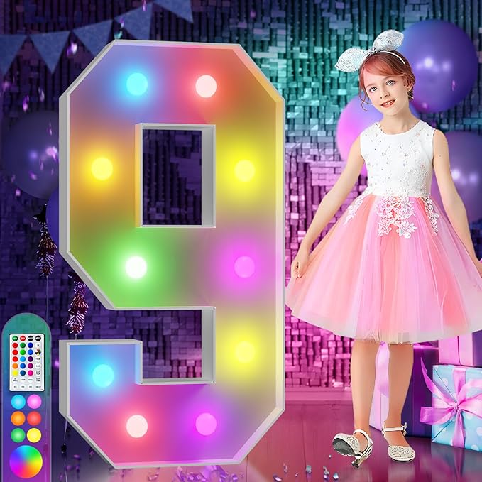 imprsv 4FT Colorful Marquee Numbers,18 Colors with Remote, Light Up Numbers 9 for 9th 90th Birthday Decorations Anniversary Party Decor, Pre-Cut Foam Board Kit, Mosaic Sign for Balloon