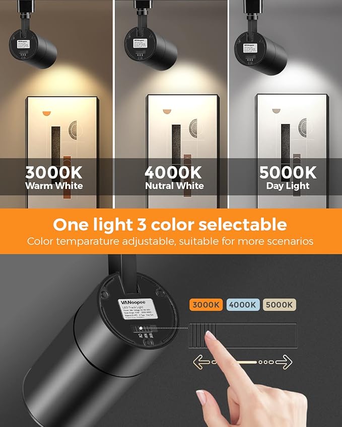 VANoopee 3-Color Zoomable 20W LED Track Lighting Heads H Type Track Light Heads Dimmable Bright Ceiling Spotlight Fixtures for Kitchen, 3000K 4000K 5000K Adjustable, CRI90+ 15°-60° 2000lm Black 6 Pack