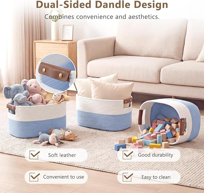 Cotton Rope Basket, Storage Baskets with Handle, 15x10x9 Inch Woven Basket for Shelves, Laundry, Towels, Clothes, Books (White/Blue 1Pack)