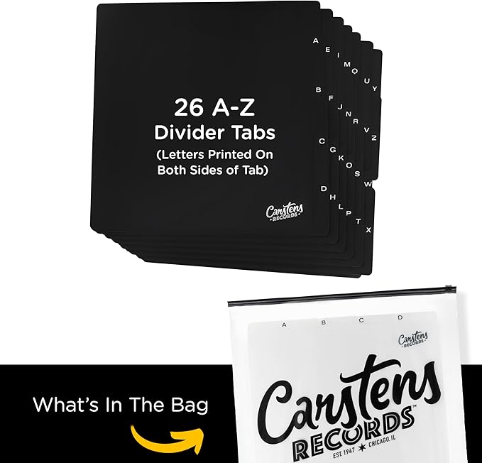 Carstens Records Heavy Duty Vinyl Album Dividers | 12" LP Separators with Tabs | Made in The USA | Music Organizer Tabs for Collectors (Black, Double-Sided, A-Z Vertical Tabs, 26 Tab Set)