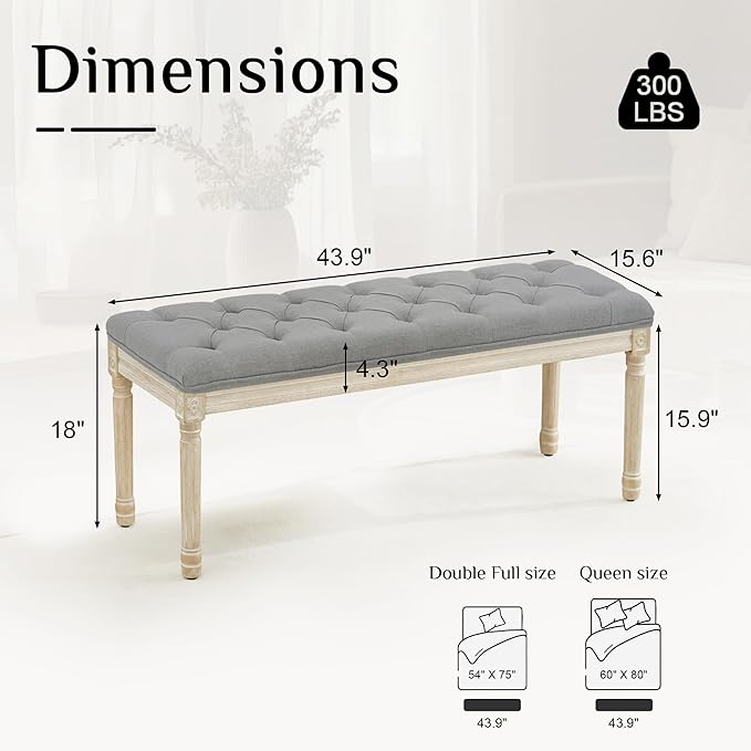 LOULENS 43.9" Linen Fabric End of Bed Bench, Vintage French Upholstered Button Tufted Entry Bench, Window Seat with Carved Wood Legs for Bedroom, Living Room, Entryway, Foyer, Hallway, Light Grey