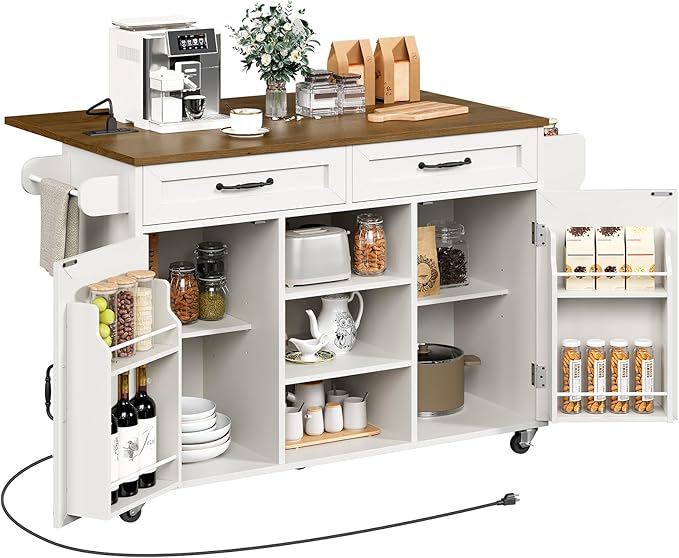 Kitchen Island with Power Outlets & Drop Leaf, Kitchen Cart with Storage, Drawer and Spice Rack, Tower Rack, Island Table, White and Walnut