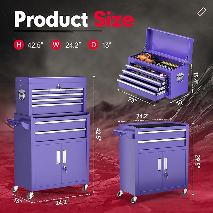 Superday Metal Tool Chest, 8 Drawer Rolling Tool Chest with Wheels, Detachable Tool Storage Cabinet with Lock for Garage, Steel Tool Cart with Liner & Hooks for Workshop, Warehouse (Purple)