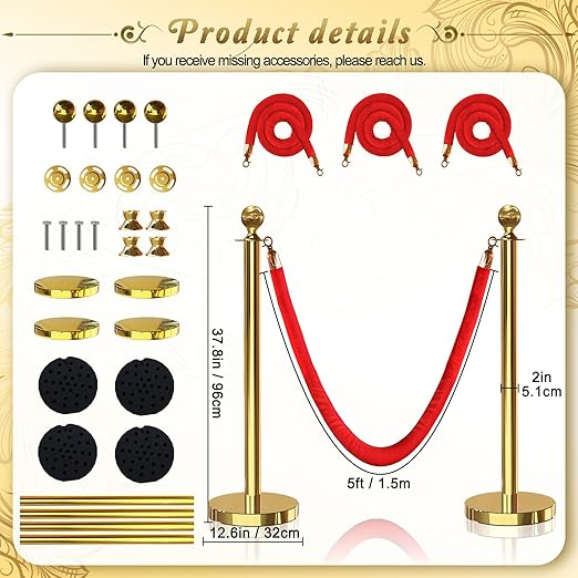 4PCS Gold Stanchions Posts with 3PCS 5 ft Red Velvet Rope, Red Velvet Rope Stanchion Set Crowd Control Barriers, Stanchions and Velvet Ropes Red Carpet Poles for Party Supplies