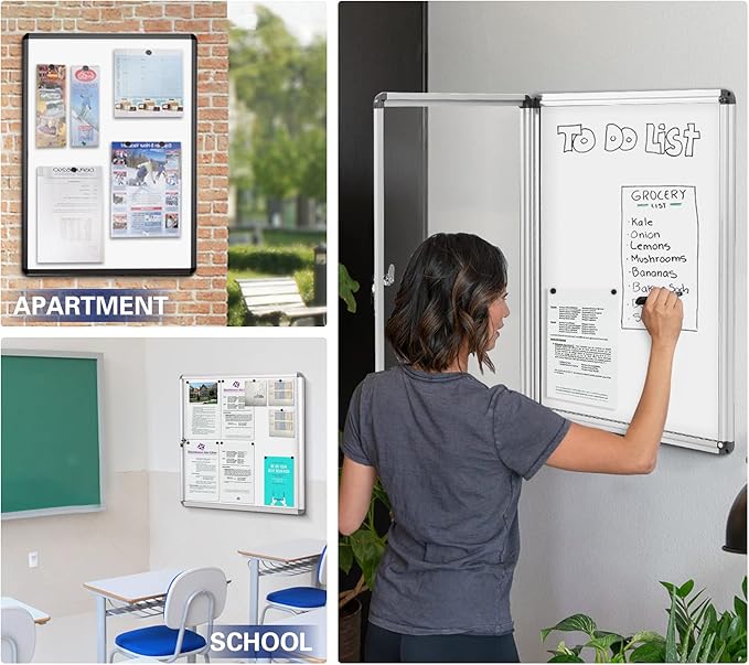 SWANCROWN Locking Bulletin Boards Enclosed Noticeboard White Glass Message Boards Indoor for School Office 38x28inch(9xA4)
