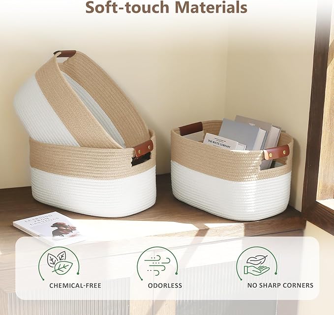 Cotton Rope Storage Baskets,15x10x9 in,Foldable Storage Bins, Decorative Woven Basket Cube Storage Organizer for Laundry, Towel, Clothes (White/Beige-3Pack, 15x10x9 inches)