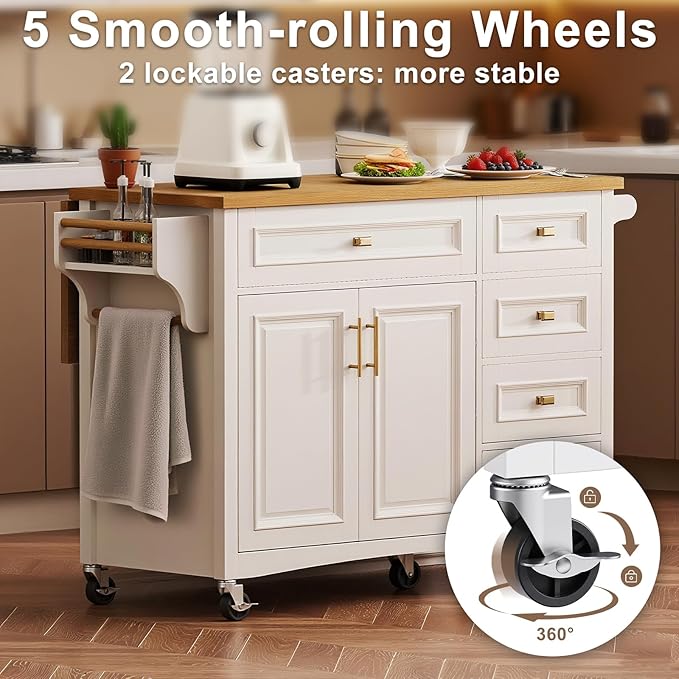 52" Retro Kitchen Island with Storage, Embossed Texture Kitchen Island on Wheels with Drop Leaf, Adjustable Shelf & Oak Veneer Tabletop, Spice/Towel Rack, White