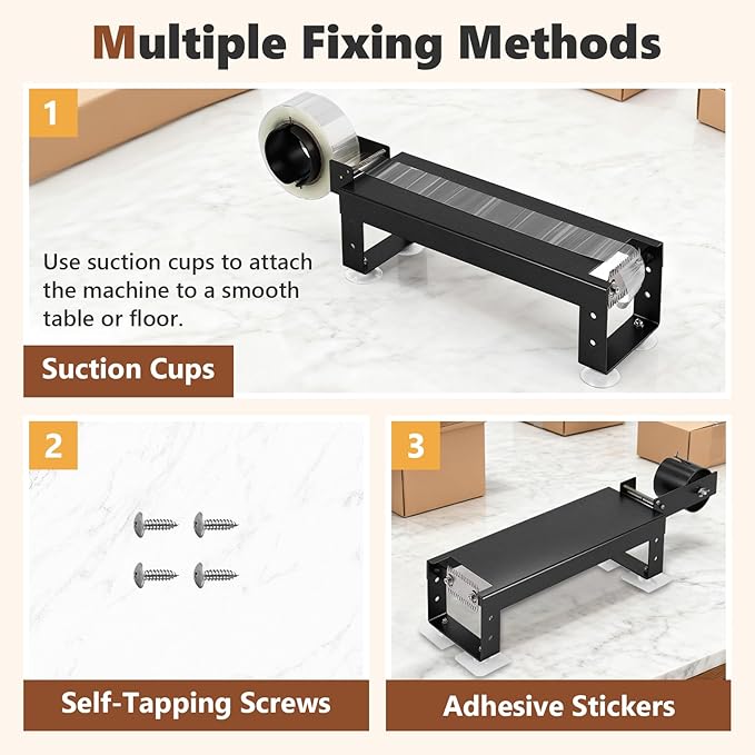 Desktop Packing Tape Dispenser with Dual-Sided Cutter for 2.36" Wide Tape (3" Core), Commercial Black Tape Cutting Machine with Suction Cups for Packaging, Shipping, Moving