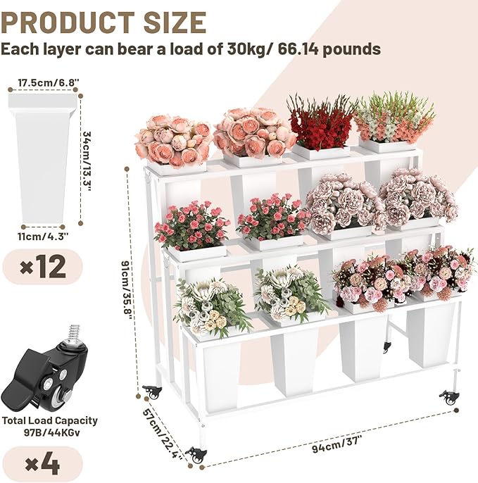 Flower Display Stand with 12 Buckets & Wheels – 3-Tier Mobile Flower Cart, White Metal Flower Bar for Weddings, Florist Shops, Patio, Garden & Home