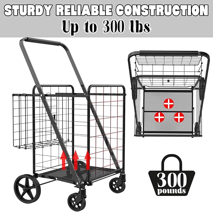 Foldable Shopping Cart with Waterproof Bag, 360° Swivel Wheels & Double Basket, 300lbs Capacity for Groceries, Heavy Duty Utility Grocery Carts for Shopping, Laundry, Camping, Luggage