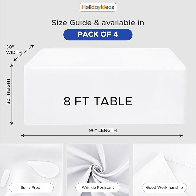 HolidayIdeas Fitted Tablecloths for 8 Foot Rectangle Table, Wrinkle Resistant Washable White Table Cover 30x96 Inch for Vendor Booth Display, Banquet, Trade Show, 4 Pcs