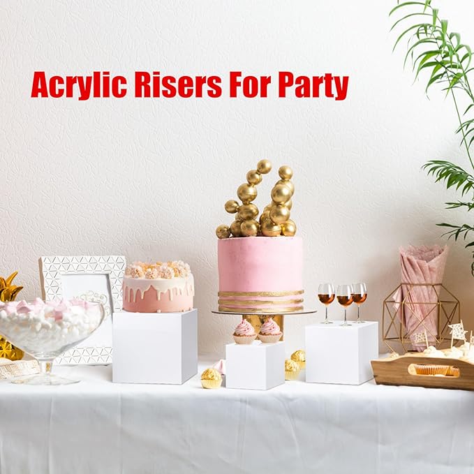 Clisela 3pcs Acrylic Cube Display Stands Box Risers with Hollow Bottoms, Food Risers for Buffet Table, Decorative Display Stand Shelf for Dessert Collectibles Jewelry Figures Show - White 3" 4" 5"