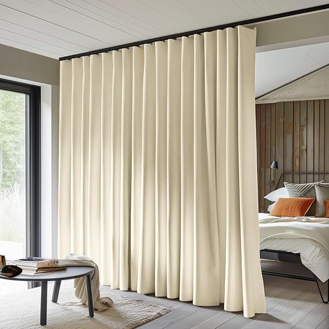 Room Divider Curtains Total Blackout Privacy Curtain Panel Room Thermal Insulated Noise Reduction Curtains for Bedroom Window Living Room Ceiling Track Curtain W 12.5 ft × H 7 ft Beige