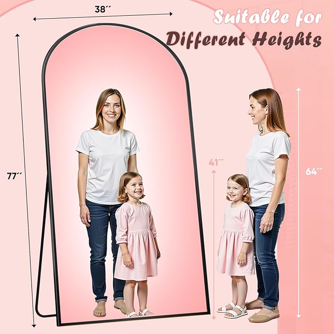 Full Length Mirror, 78" x 38" Arched Full Body Mirror Large Standing Floor Mirrors, Mirrors for Bedroom, Bathroom, Living Room Standing or Wall Leaning, Black
