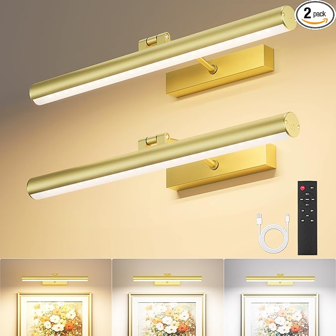 VOLISUN 16 inch Picture Lights for Wall, Rechargable Picture Light Battery Operated, 3 Color Temperatures Cordless Picture Light with Remote, Art Light for Paintings, Gallery, Portrait, 2 Pack (Gold)