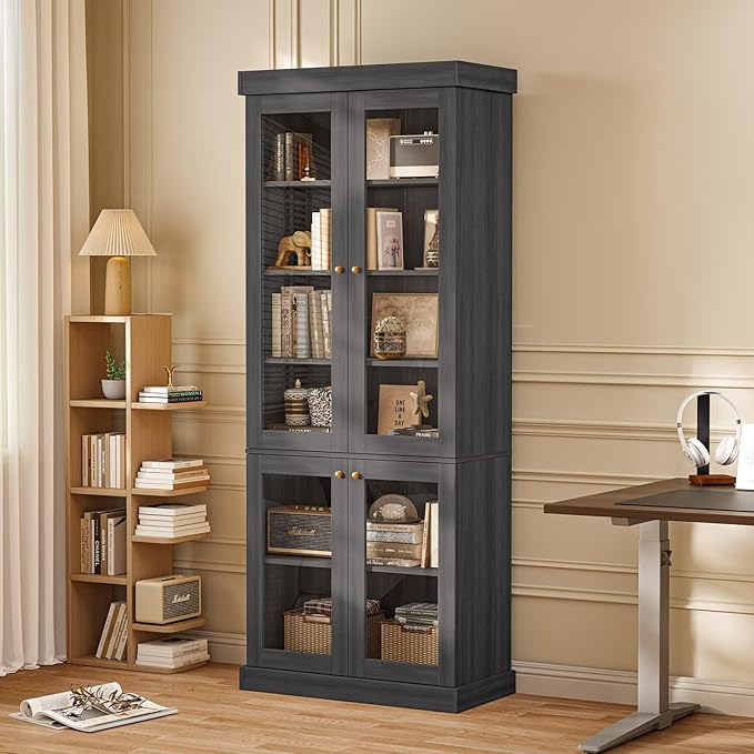 Vyre 70.8" Tall Farmhouse Bookshelf with Glass Doors, Modular Bookcase with 6-Tier Adjustable Shelves, Large Storage Cabinet for Kitchen, Living Room, Black, Set of 3