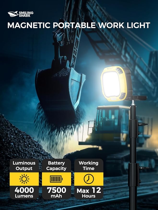Smiling Shark Working Lights, 7500mAh Rechargeable LED Work Light 4000 Lumen 18 Light Mode Portable Magnetic Waterproof Drop Resistant Cordless Worklight Job Site Lighting for Garage Repair Camping