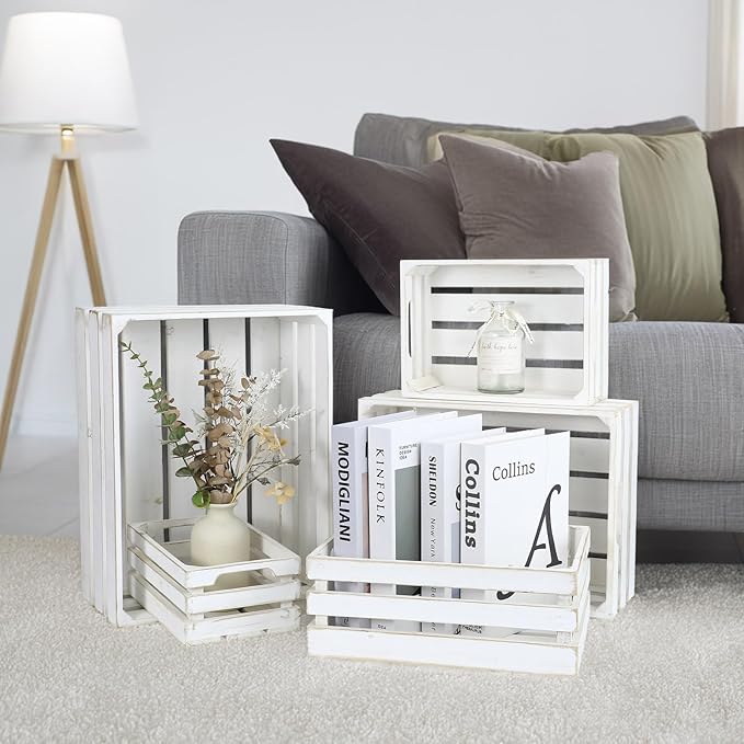 5-Piece Farmhouse Wooden Crate Set - Rustic Wooden Crates for Display and Storage, Large Whitewashed Decorative Crates, Farmhouse Apple Crates, Painted Wood Crates for Decor