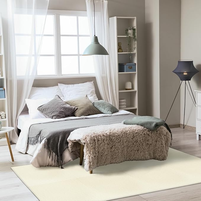Carpet Tiles Peel and Stick, Self Adhesive Carpet Floor Tile 24" x 24", Off White Soft Padded Flooring Sticker, Home Decor for Bedroom Living Room Office, 10 Tiles per Box