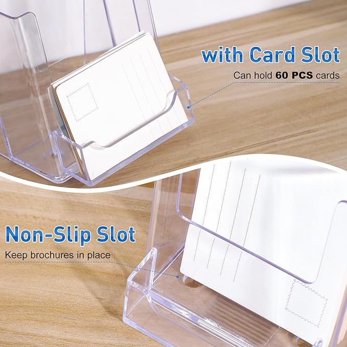 4x9 Acrylic Brochure Holder with Business Card Holder, Clear Display Stand, Plastic Table stand Sign Holder, Pamphlet Holder Flyer Holder, Acrylic Display Stand for Office, Home, Store, 2 Pack