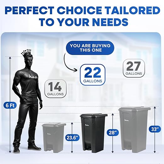 22 Gallon Step-On Trash Can/Container, Black Plastic Dustbin with Lid and Foot Pedal, Hands-Free Disposal
