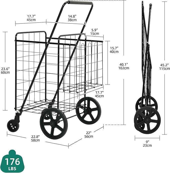YITAHOME Folding Shopping Cart with Wheels, Rolling Foldable Grocery Cart with Versatile Rear Basket, Portable Collapsible Utility Cart for Shopping Groceries Laundry Storage Organizer