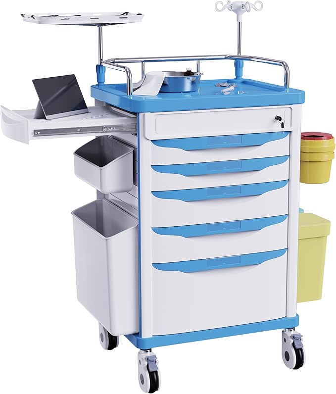 Medical Rolling Crash Cart with Wheels-CPR Board, IV Pole, O2 Holder, Trash Bin, Silent Casters,Drawers with Dividers, Emergency Cart for Clinic, Hospital, Nursing Center