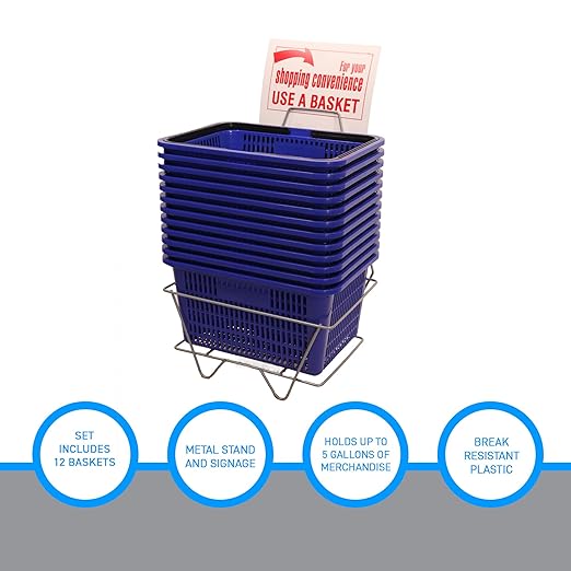 SSWBasics Blue Shopping Basket with Stand, Set of 12, 8-1/2"H x 12"W x 17"L - Ideal Grocery Baskets for Retail Environments