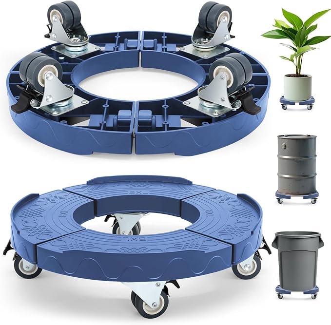 Trash Can Dolly Wheels, 15-19 Inch Adjustable Round Roller with Locking Wheels 440 LBS Heavy Duty Drum Cart Flower Pot Plant Mover Base, Blue, 2 Packs