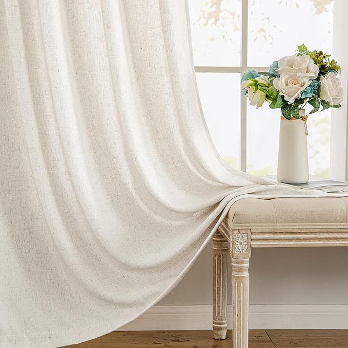 MIULEE Non-See-Through Privacy Linen Curtains 2 Panels, Light Filtering Window Curtains Farmhouse Textured Back Tab Semi Sheer Drapes for Bedroom Living Room, 52 x 92 Inches Long, Natural White
