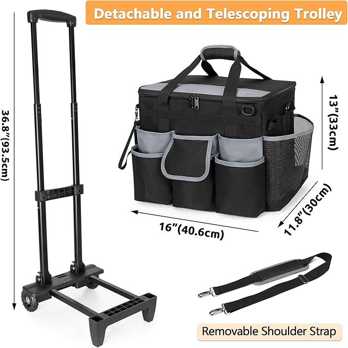 Large Rolling Cleaning Caddy with Detachable Trolley & Lid, Cleaning Cart on Wheels with Shoulder Strap & Handles, Cleaning Supplies Organizer with Multi Pockets for Cleaning Tools Storage