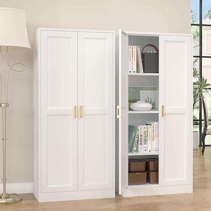 Kitchen Pantry Cabinet,60”White Metal Pantry Storage Cabinet with Doors and 4 Adjustable Shelves,Kitchen Cabinet with 2 Gold Handles,Tall Cabinets for Livingroom, Bathroom