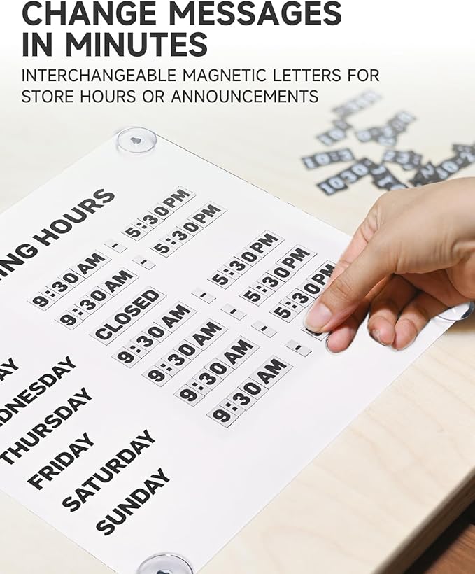 Metal Business Hours Sign with Suction Cups - Magnetic Open Closed Display Board for Storefront Window, Glass Door, Tile Wall & Counter - Changeable, Reusable & Rust-Resistant Steel Kit