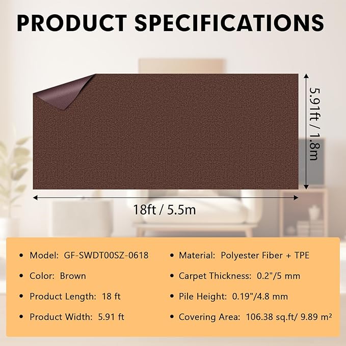 Marine 6 FT x 18 FT Brown Indoor/Outdoor Rug 0.2" Thick - Boat Carpet with Water-Proof TPE Backing, Non-Slide for Home, Patio, Porch, Deck