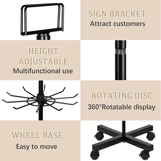 5-Tier Metal Spinning Display Stand Rack with Wheels, Black Iron, 50 Hooks, Lockable Wheels, Ideal for Jewelry, Accessories, Foods