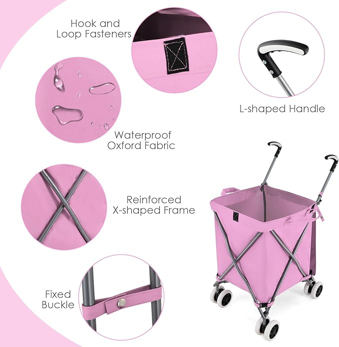 Goplus Folding Shopping Cart with Wheels, Grocery Cart with Removable Oxford Cloth Liner, Lightweight Utility Cart for Groceries Laundry, Pink