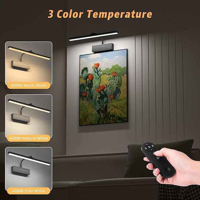 Lightbiz Picture Light 2 Pcs, 15.35inch 5400mAh Rechargeable Picture Lights for Wall Battery Operated Wall Lights with Remote, 3 Colors Paintings Light Dimmable Art Light for Artwork, Gallery (Black)