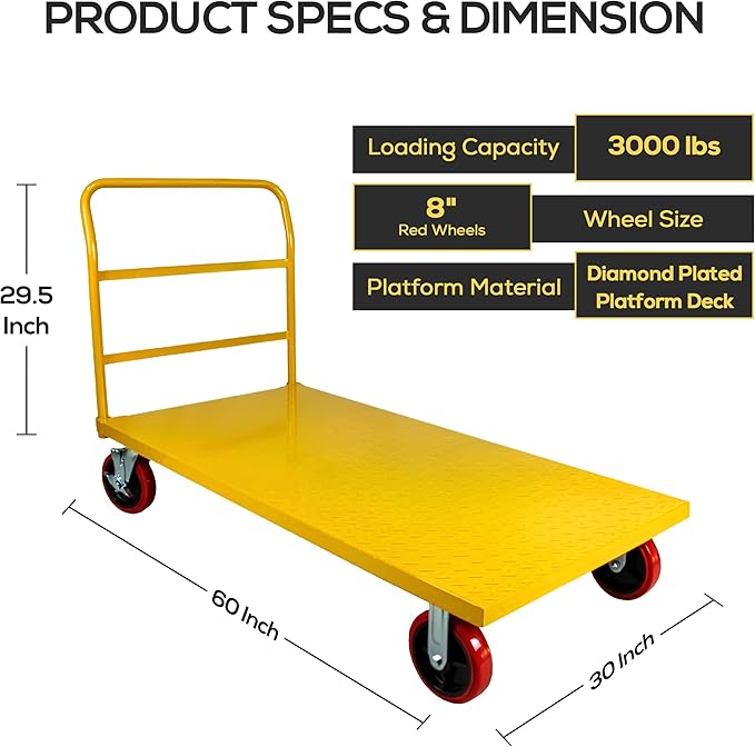 5Seconds Flatbed Platform Cart Industrial Dolly Heavy Duty 60” x 30” Hand Push Truck Super Heavy Duty Flatbed with 3000Lb Capacity 8'' Locked Swivel Wheels Commercial Moving (Yellow)