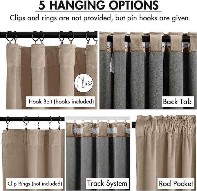 MIULEE Velvet Curtains 90 Inches Long 2 Panels Set for Bedroom, Pinch Pleat Back Tab Luxury Thermal Insulated Living Room Darkening Drapes Pleated Blackout Window Curtains with Hooks, Camel Beige