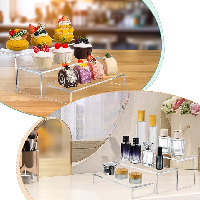 3 Pcs Large Acrylic Display Risers, 12" Large Risers Display Stands, 0.19" Thick Clear Risers Display Stands, Clear Rectangular Display Shelf for Showcase, Collectibles, Cupcake, Dessert