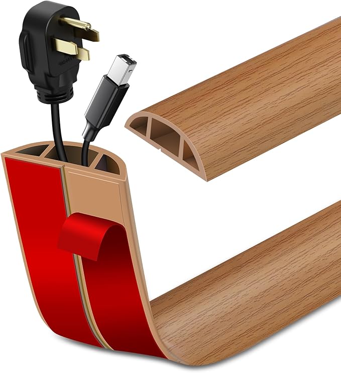 Floor Cord Cover Self Adhesive Cord Hider Floor Extension Cord Covers for Floor Power Cord Protector Cable Management Prevent Cable Trips Cable Cavity 0.47" W x 0.27" H (Light Brown Wood, 20Ft)