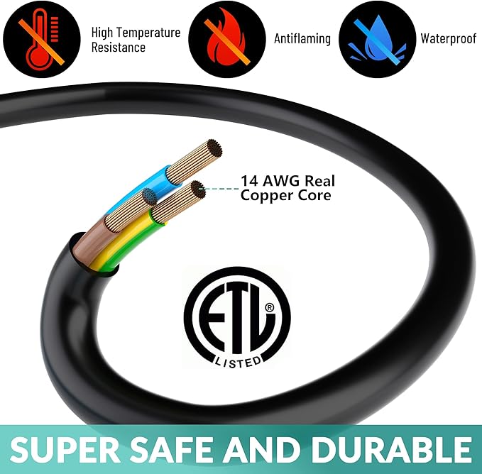 Outdoor Extension Cord 30 Ft with 3 Outlets, 14/3 SJTW 3 Prong Grounded Power Cord, 14 Gauge 14AWG Heavy Duty Power Cable, ETL Listed, 15 Amp 125 V 1875 W-Multiple Outlets for Indoor/Outdoor-Black
