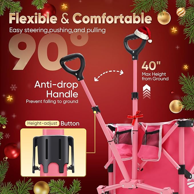 Sekey Pink Collapsible Foldable Wagon with 330lbs Weight Capacity, Heavy Duty Folding Wagon Cart with Big All-Terrain Wheels & Drink Holders. Pink