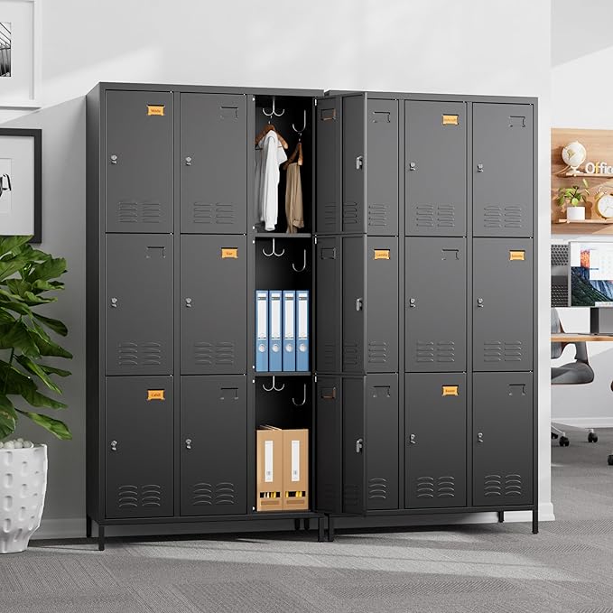 Aobabo New 9 Doors Metal Storage Locker for Employees, Lockable Steel Locker with Name Card Slot and 27 Hooks for School Office Gym Garage, Black, Assembly Required