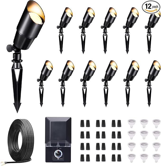 Outdoor Low Voltage Lighting Kit, with 12 Pack Black LED Landscape Spotlight and 200W Transformer and 250FT Cable and 40 Wire Connectors, Waterproof Aluminum Fixture for Lawn Yard Home