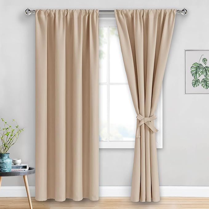 JIUZHEN Blackout Curtains for Bedroom - Thermal Insulated Room Darkening Rod Pocket Curtains for Living Room, Set of 2 Panels with Tiebacks, 42 x 96 Inch Length, Beige