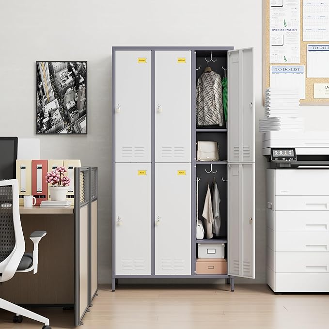 Aobabo Upgraded Metal Storage Locker for Employees, 6 Doors Metal Locker Cabinet with Lock and Name Card Slot, Industrial Storage with 18 Hooks, for Office Gym, Assembly Required,Grey White